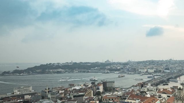 Lovely Time Lapse Video of Turkey Istanbul Golden Horn (Halic) with moving ferries, Hagia Sophia, Blue Mosque, Grand Bazaar, Galata Bridge, Sultanahmet and More Popular Places
