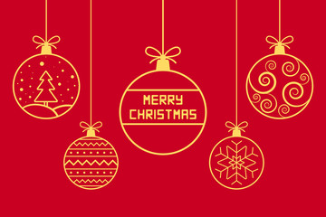 Golden Christmas balls on red background. Vector illustration.