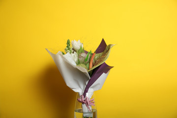 White tulip flowers, arrangement bouquet. Celebrate background, floral composition.