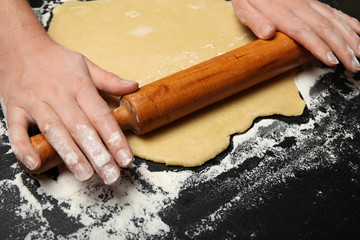 Chef dough knead. Cooking bakery. Hand making pizza.