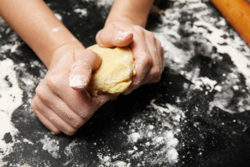 Prepare bread, kneading dough. Woman hands in flour, food cooking.