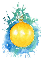 Christmas ball on the background of blue and greenish splashes. Watercolor illustration. - 231451184