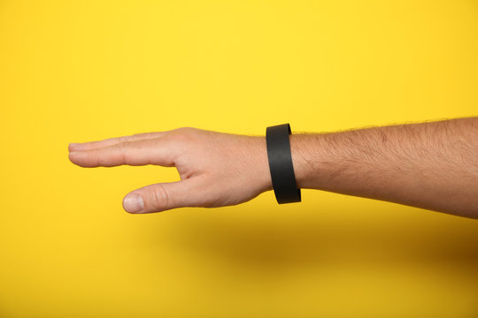 Paper event black bracelet mockup, wristband design. Identification wrist, adhesive.