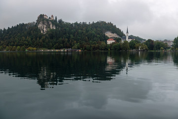 Fototapeta na wymiar Cloudy twilight on Lake Bled, Slovenia