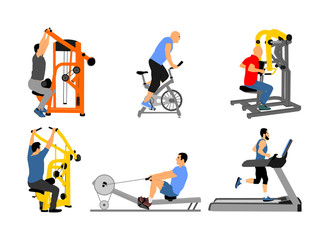 Sport man exercises on gym fitness machine vector. Pressure for chest, legs. Pull down, stretching, worming up activity. Cardio bike. Cable Row. Jump rope skipping. Treadmill run training.