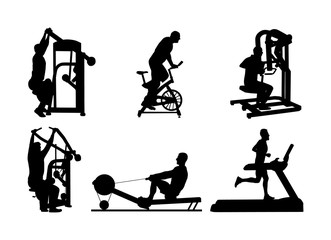 Sport man exercises on gym fitness machine vector silhouette. Pressure for chest, legs. Pull down, stretching, worming up activity. Cardio bike. Cable Row. Jump rope skipping. Treadmill run training.