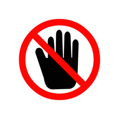 NO ENTRY sign. Left hand palm. STOP icon in crossed out red circle. Vector.