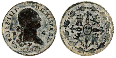 Ancient Spanish copper coin of the King Carlos IV. 1794. Coined in Segovia. 4 Maravedis.