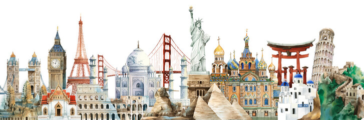 Collection of architectural landmarks painted by watercolor
