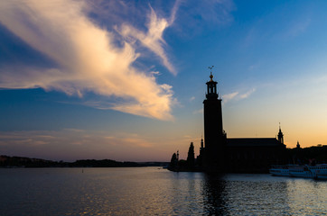 Stockholm City Hall Stadshuset tower at sunset, dusk, Sweden