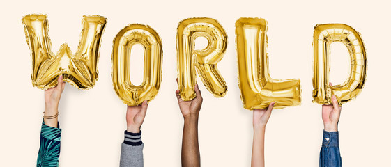 Fototapeta premium Hands showing world balloons word