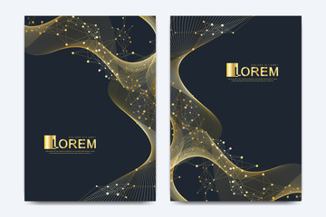 Modern vector template for brochure, leaflet, flyer, cover, catalog, magazine, banner or annual report. A4 size. Business, science and technology design with golden dynamic waves, line and particles.