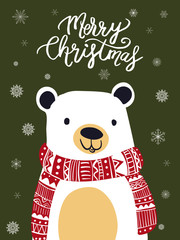 Polar Bear Scarf Cartoon with Christmas Festival and Snow Winter Vector.