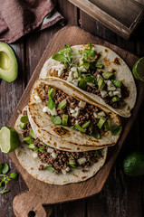 Homemade minced beef tortilla, fresh avocado and mozarella cheese
