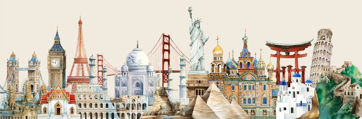 Collection of architectural landmarks painted by watercolor - obrazy, fototapety, plakaty