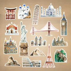 Collection of architectural landmarks painted by watercolor © Rawpixel.com