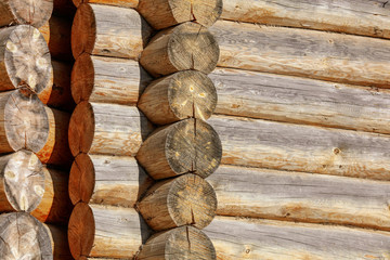 Wall with log house in the house as a background