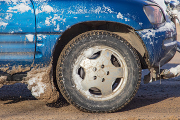 Car wheel in the snow in winter
