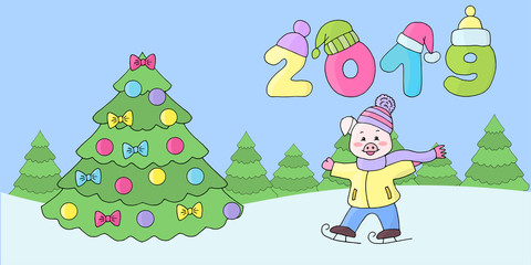 New year picture with Christmas tree, pig and number 2019