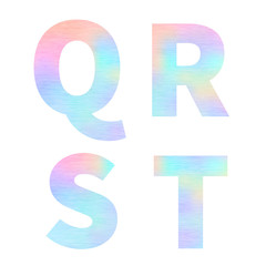 Modern Q R S T letters with bright colorful holographic foil texture isolated on white