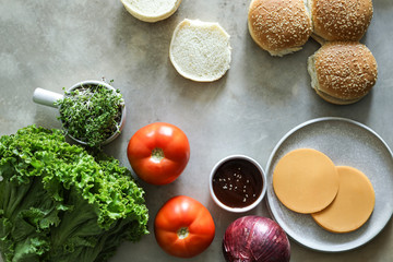 Flatlay of vegan cheeseburger recipe ingredients