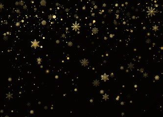 Golden snowfall. Holiday decoration background. New Year and Christmas pattern with golden snowflakes on black background. Vector illustration