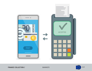 POS Terminal with 20 Euro Banknote. Flat style vector illustration. Finance concept.