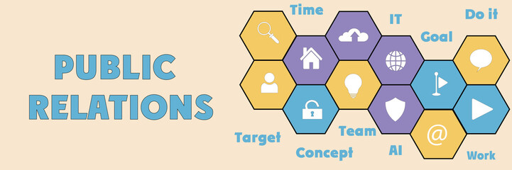 PUBLIC RELATIONS Panoramic Hi tech banner with hexagons icons and tags