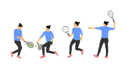 Fototapeta na wymiar Woman tennis player vector illustration isolated on white background. Sport tennis girl in recreation pose. Girl play tennis. Active lady hobby training after work. Anti stress worming up .
