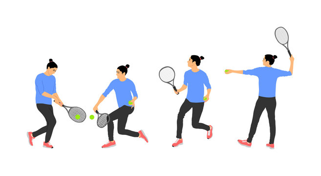 Woman tennis player vector illustration isolated on white background. Sport tennis girl in recreation pose. Girl play tennis. Active lady hobby training after work. Anti stress worming up .
