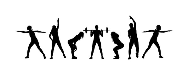 Body building woman with barbell flexing muscles shoulder press squat. Fitness instructor training in gym vector silhouette. Weightlifter, bodybuilder. Personal trainer workout. Sport lady exercise.