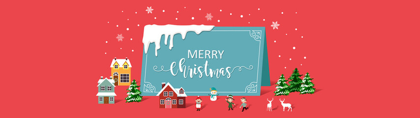 Merry Christmas and Happy New Year. Illustration of winter village celebration scene greetings template.