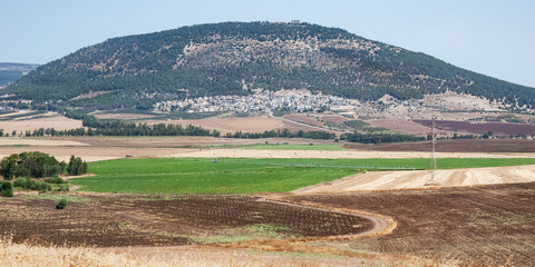 a panorama of mt tabor har tavor in the lower galilee in northern israel with modern agricultural fields in the foreground