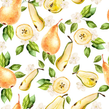 Watercolor Pattern with pears and flowers. 