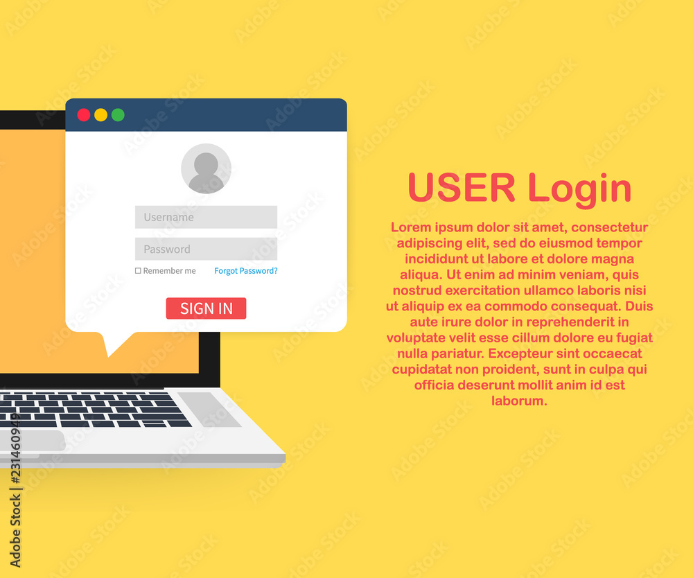 Poster sign in to account, user authorization, login authentication page concept. laptop with login and pas