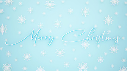Naklejka na ściany i meble Merry christmas text and snowflake on bright blue background. Artwork for christmas or winter season. 3D Illustration