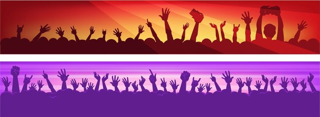 Human silhouettes in massive crowd with raised hands that hold modern devices in colorful neon spotlights at concert cartoon flat vector illustrations