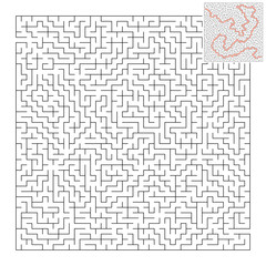 Difficult square maze. Game for kids. Puzzle for children and adult. One entrance, one exit. Labyrinth conundrum. Flat vector illustration isolated on white background. With answer.