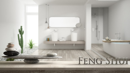 Wooden vintage table shelf with stone balance and 3d letters making the word feng shui over modern bathroom with inner garden, zen concept interior design