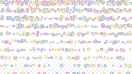 Vector Realistic Colorful Petals Falling on Transparent Background.  Spring Romantic Flowers Illustration. Flying Petals. Sakura Spa Design. Blossom Confetti. Design Elements for Wedding Decoration.