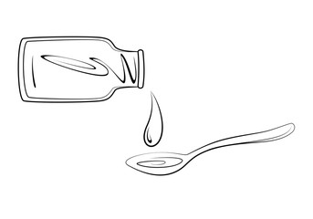 Healthcare and medicine concept. Bottle pouring cough syrup or medicine into spoon. Vector illustration.