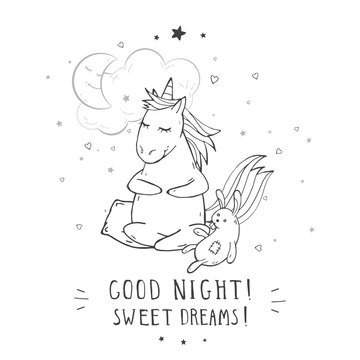 Vector illustration of hand drawn cute sitting unicorn with toy rabbit, moon, cloud and text – GOOD NIGHT! SWEET DREAMS! on withe background. 
