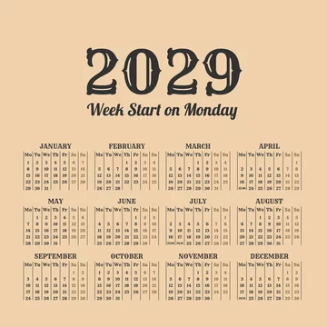 2029 year vintage calendar. Weeks start on monday Stock Vector | Adobe Stock