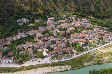 Fototapeta na wymiar View of the valley of the river Osum in the city of Berat, Albania. Berat, called the city of a thousand windows.