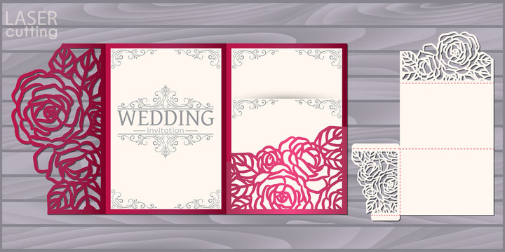 Die laser cut wedding card vector template. Invitation pocket tri fold envelope with roses pattern. Wedding lace invitation mockup.
