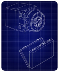 Safe and case on a blue