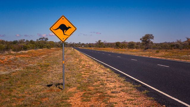 Kangaroo warning signal on the Lesseter highway, Central Australia, Northern Territory, Australia