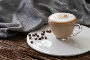cappuccino coffee clear cup on wood background  for cafe coffee shop menu