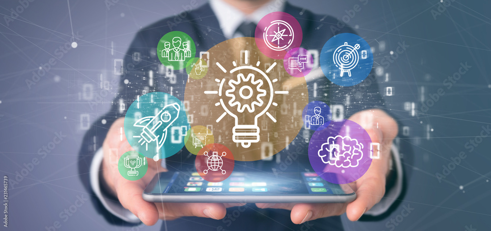 Poster cloud of colorfull start up icon bubble with data businessman holding a binary 3d rendering