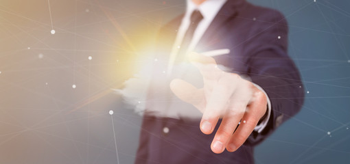 Businessman holding a Weather forecast Sun and cloud 3d rendering